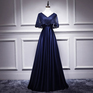 A line Satin Long Navy Blue Lace Prom Dresses HZ1023